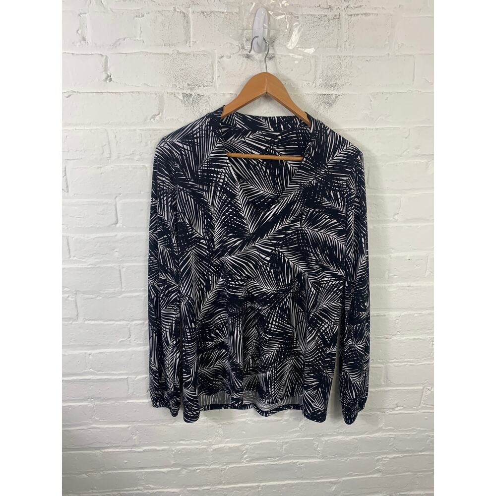 Michael Kors Women's Tropical Print V-Neck Tunic Blouse Black/White Size M